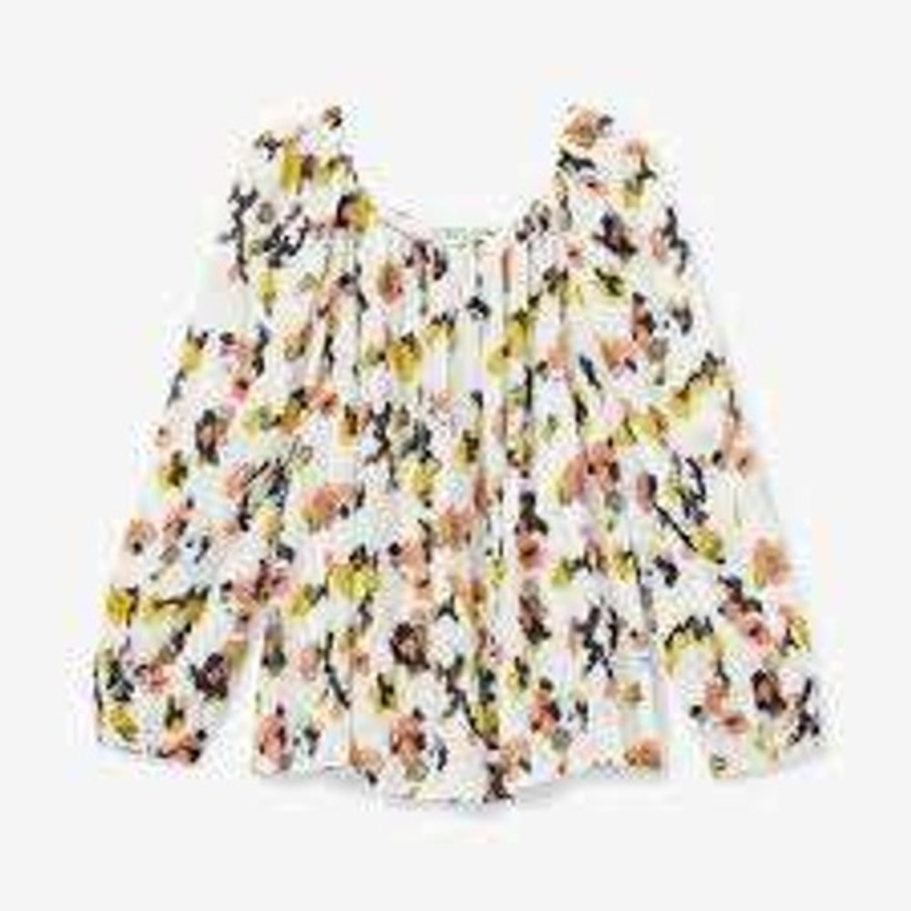M.M.LaFleur Camilla Floral Meadow Linen Blend Square Neck Puff Sleeve Top Med
